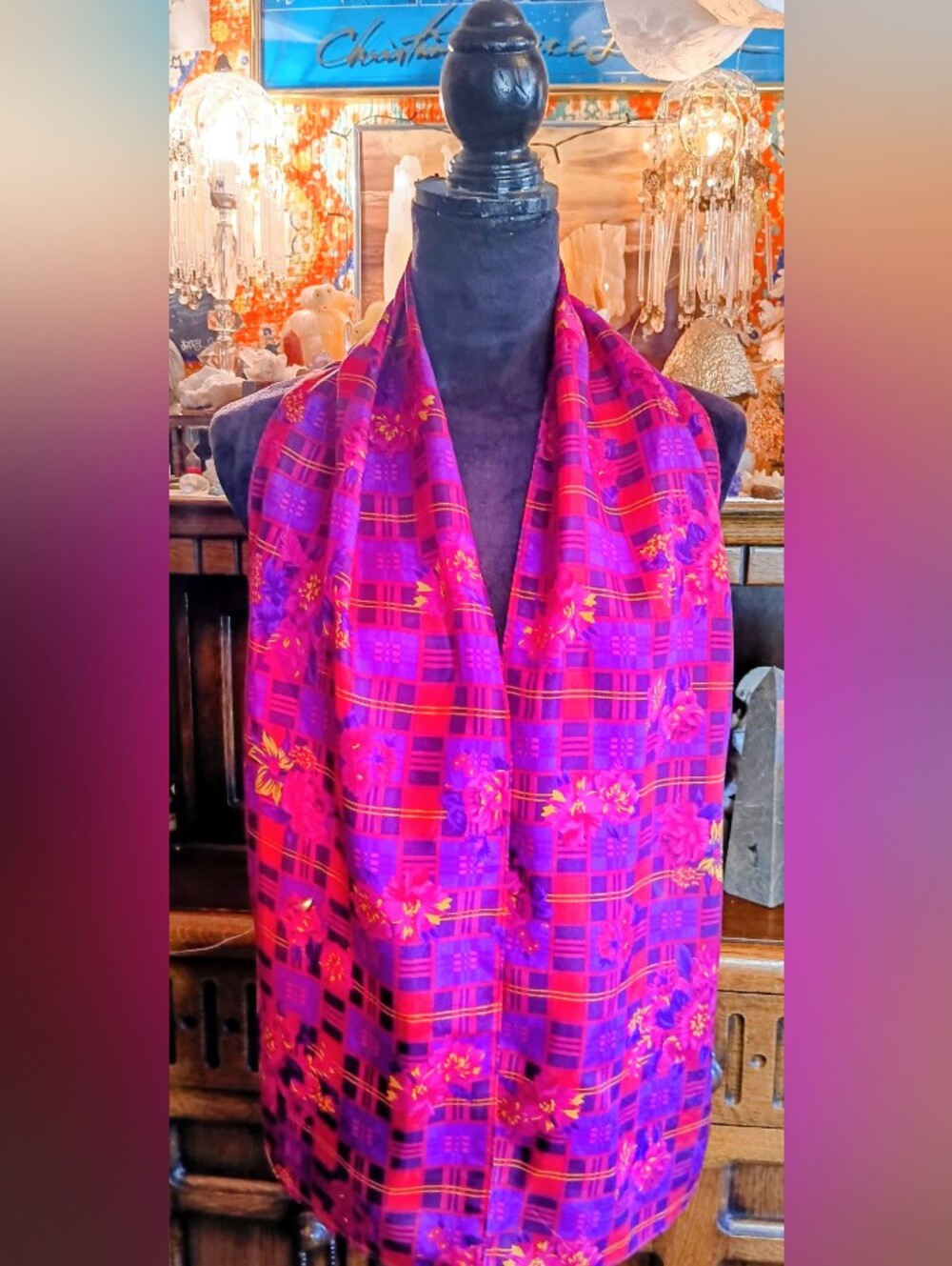 Vintage Bohemian Oscar de la Renta Pink & Purple Floral Plaid Silk Scarf